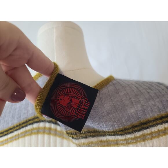 Happy Sheep Womens Yellow Gray Cream Striped Cashmere Sweater Small - Picture 5 of 5